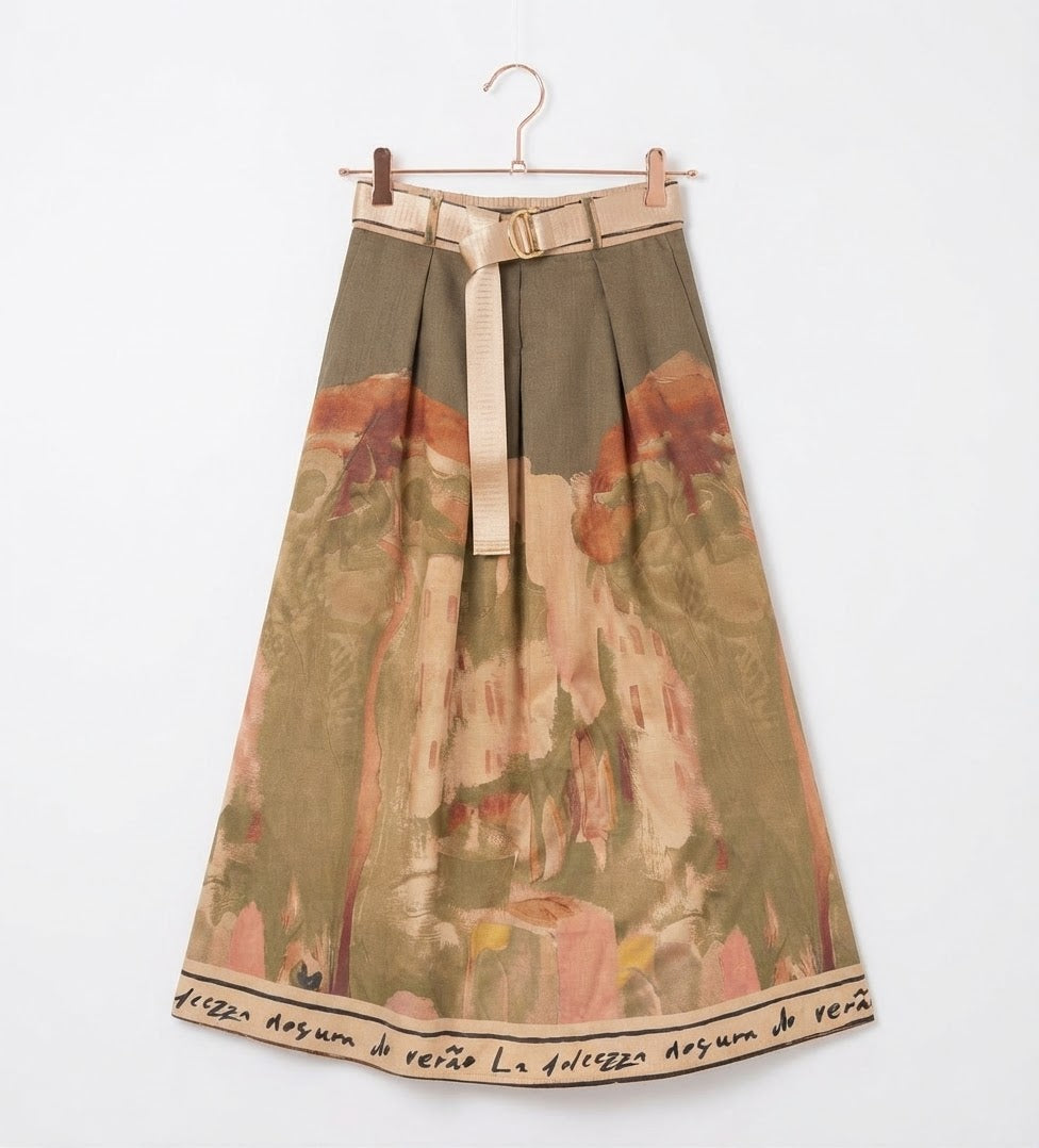 Italian Midi Skirt with Belt & Pockets - DARK OLIVE - Watercolor Print