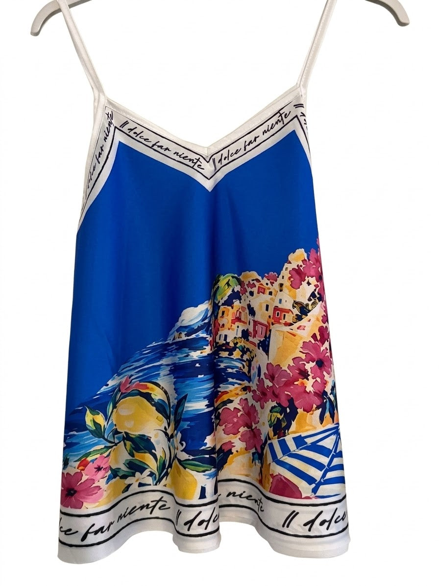 Positano Bloom - Italian Silk Short Tank Top - ELECTRIC BLUE