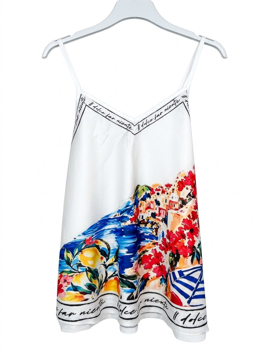 Positano Bloom - Italian Silk Short Tank Top - WHITE