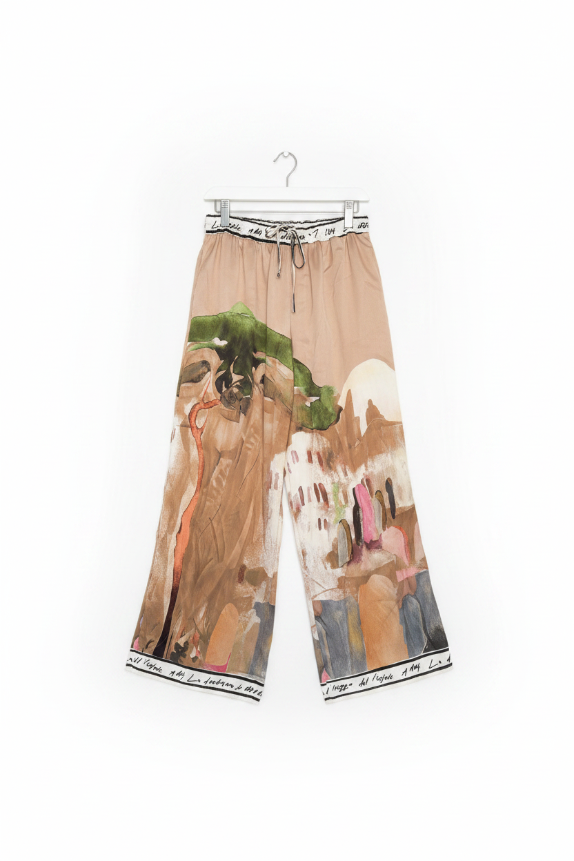 O/S - Italian Watercolour Women’s Pant & Spaghetti Strap Tank Top Set- GOLDEN BEIGE - Viscose/ Polyester blend, Made in Italy