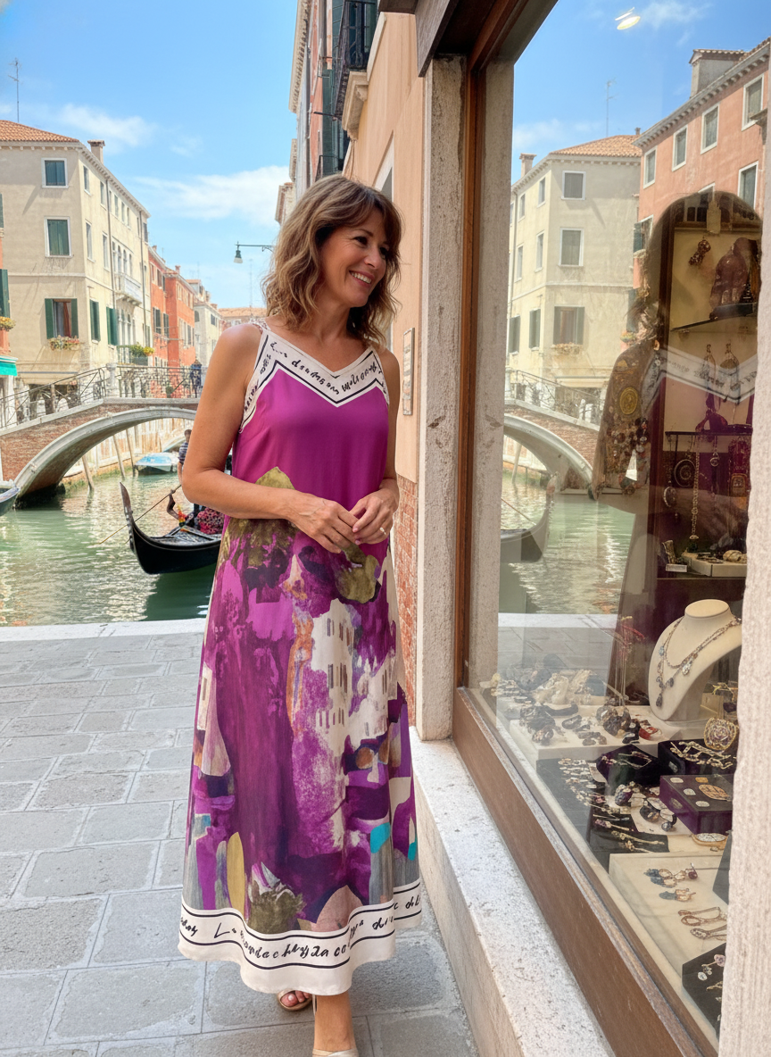 Italian Maxi Dress - PURPLE – Watercolour print, Made in Italy, Polyester O/S