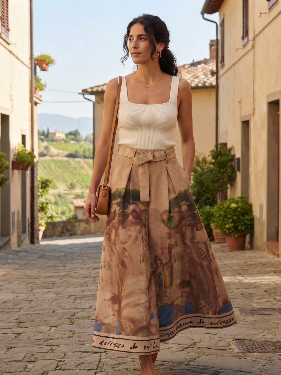 Italian Midi Skirt with Belt & Pockets - BEIGE - Watercolor Print