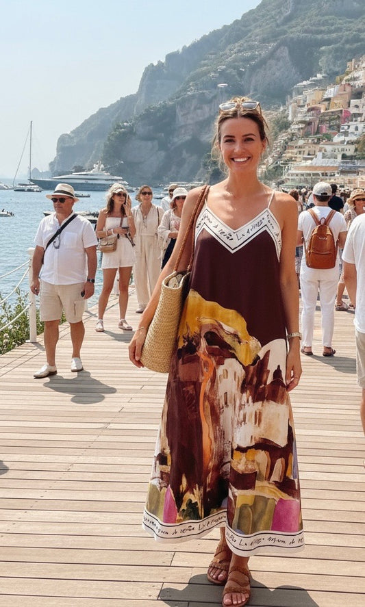 L/XL Italian Watercolour Print Silk Maxi Dress - Chocolate