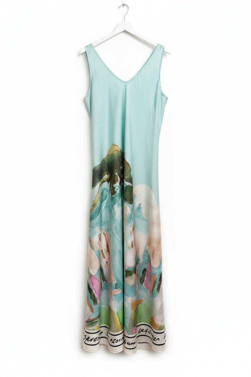 O/S Italian Silk WIDE STRAP V-Maxi Dress - TURQUOISE- Watercolour print, Made in Italy, Viscose/Silk blend