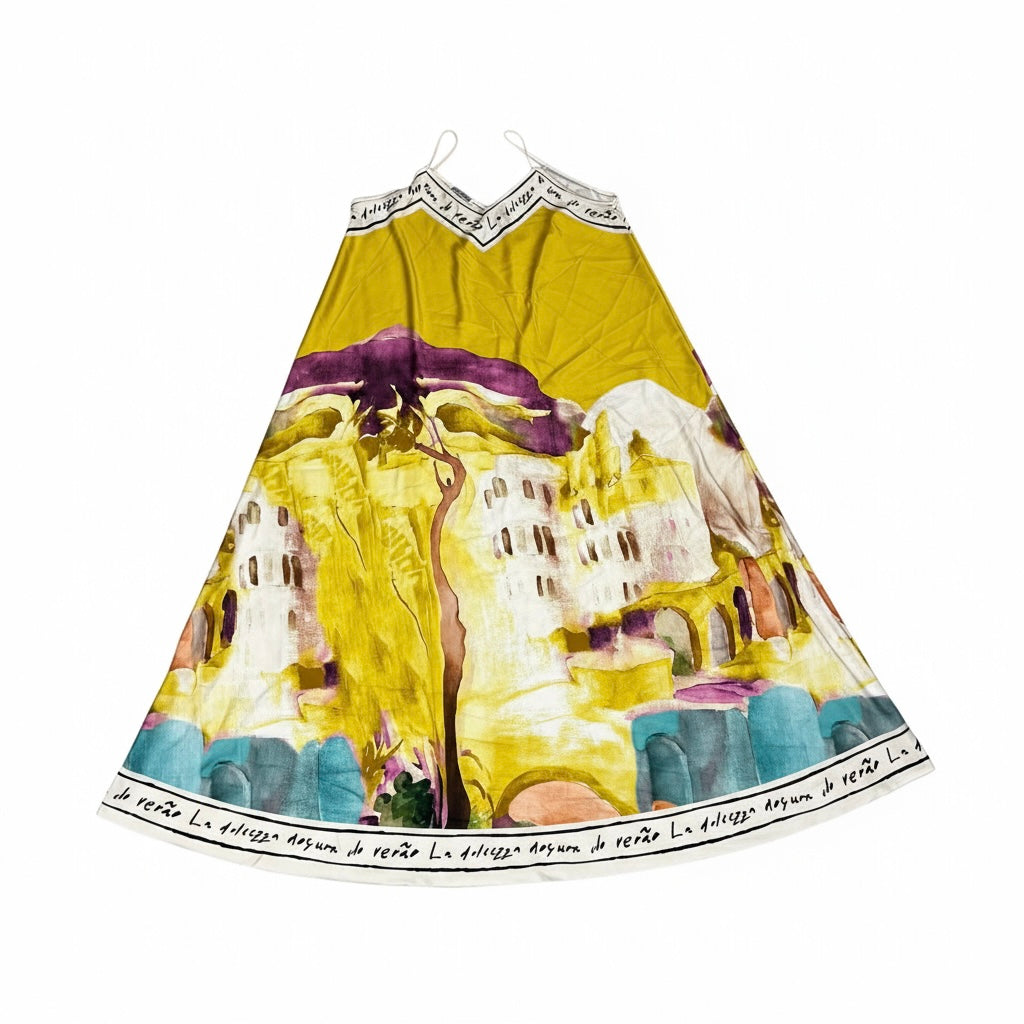 L/XL Italian Watercolour Silk Maxi Dress - Lemoncello