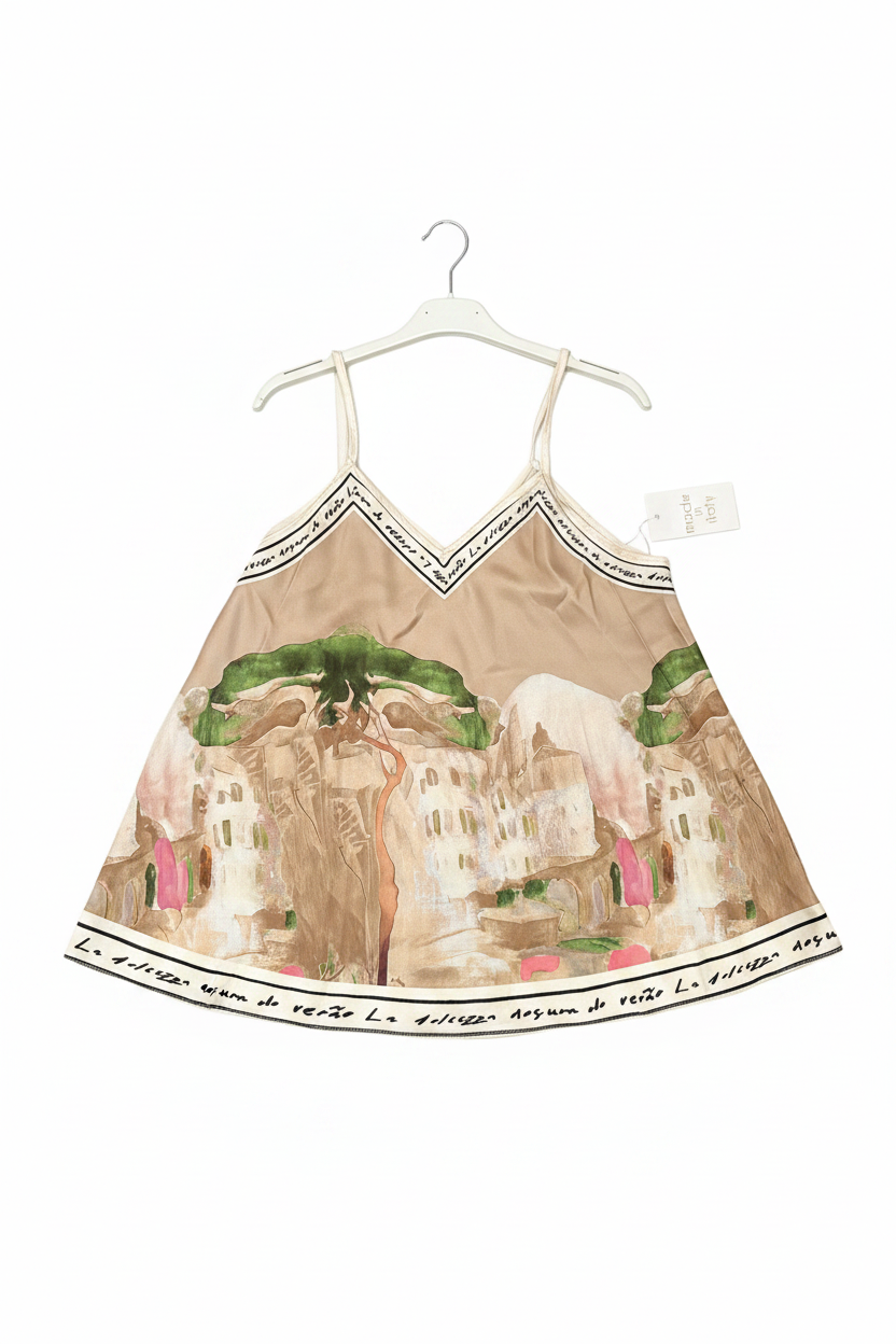 O/S - Italian Watercolour Women’s Pant & Spaghetti Strap Tank Top Set- GOLDEN BEIGE - Viscose/ Polyester blend, Made in Italy