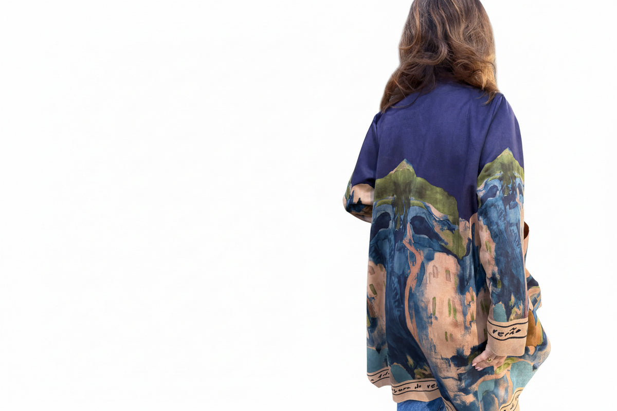 Italian Landscape Watercolor Print Relaxed Fit Cardigan - NAVY
