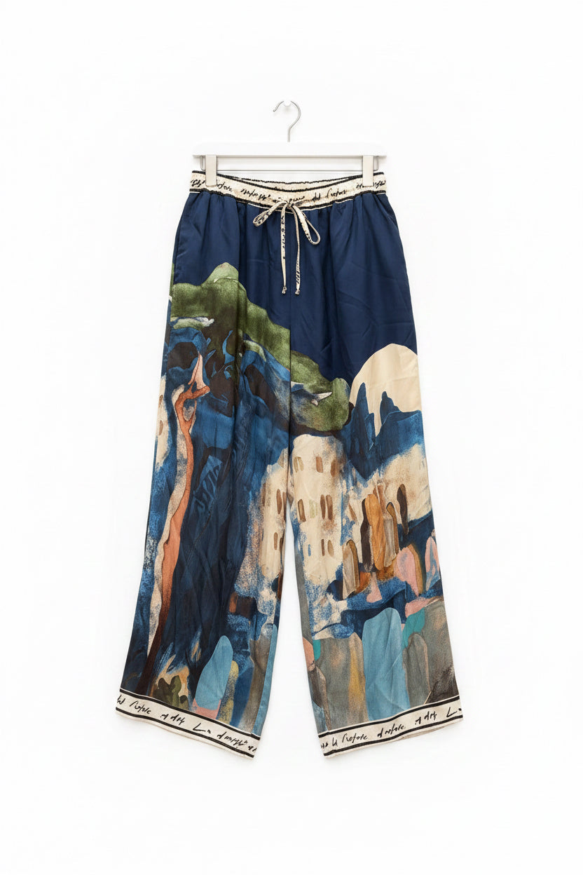 O/S - Italian Watercolour Women’s Pant & Spaghetti Strap Tank Top Set- NAVY - Viscose/ Polyester blend, Made in Italy