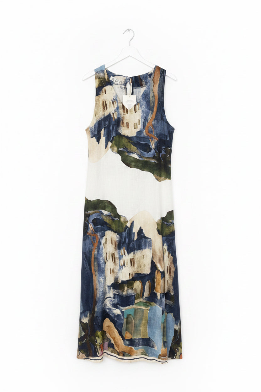 LINEN Italian tie up dress with pockets, Made in Italy, O/S Blue and white