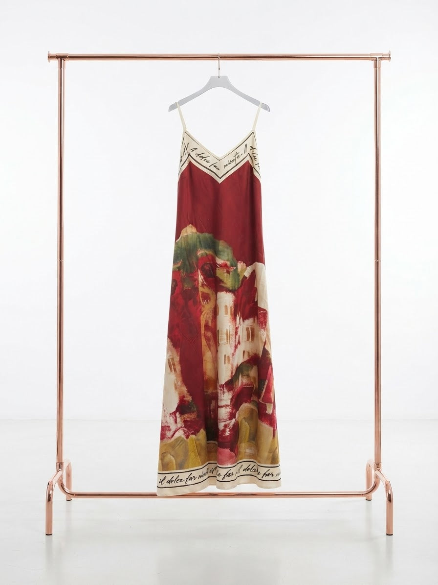 O/S Italian Silk/Viscose Women’s Spaghetti Strap Maxi Dress - WINE RED – “Il Dolce Far Niente” Made in Italy