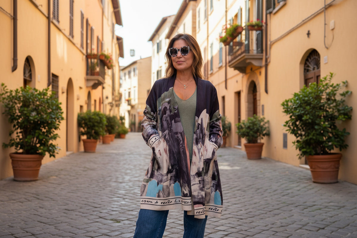 Italian Landscape Watercolor Print Relaxed Fit Cardigan - BLACK