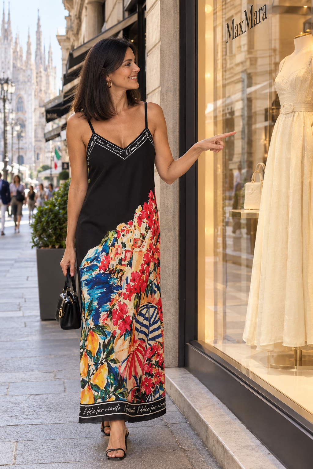 Positano Bloom - Italian Silk Maxi Dress - BLACK