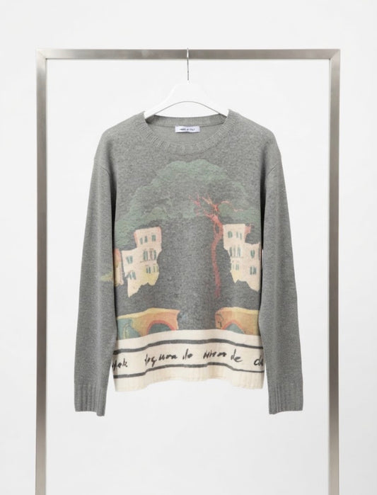 Italian Luxury  Knit Sweater - ASH GREY - Wool/Cashmere - Watercolor Print