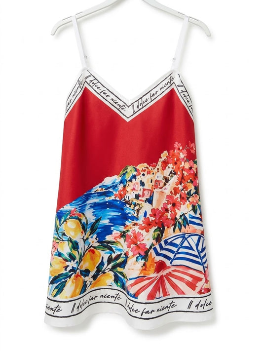 Positano Bloom - Italian Silk Long Tank Top - RED