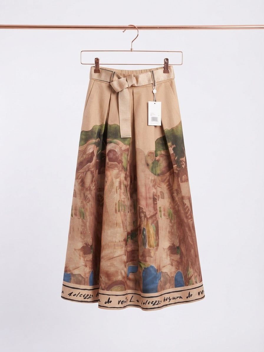 Italian Midi Skirt with Belt & Pockets - BEIGE - Watercolor Print