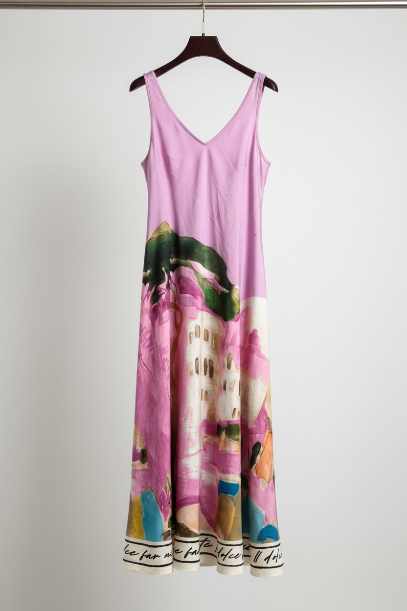 Italian Silk WIDE STRAP V-Maxi Dress - LAVENDER – Watercolour print, Made in Italy, Viscose/Silk blend O/S “Il Dolce Far Niente”
