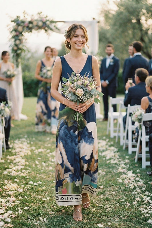 Italian silk wide strap maxi dress in navy blue, made in Italy.