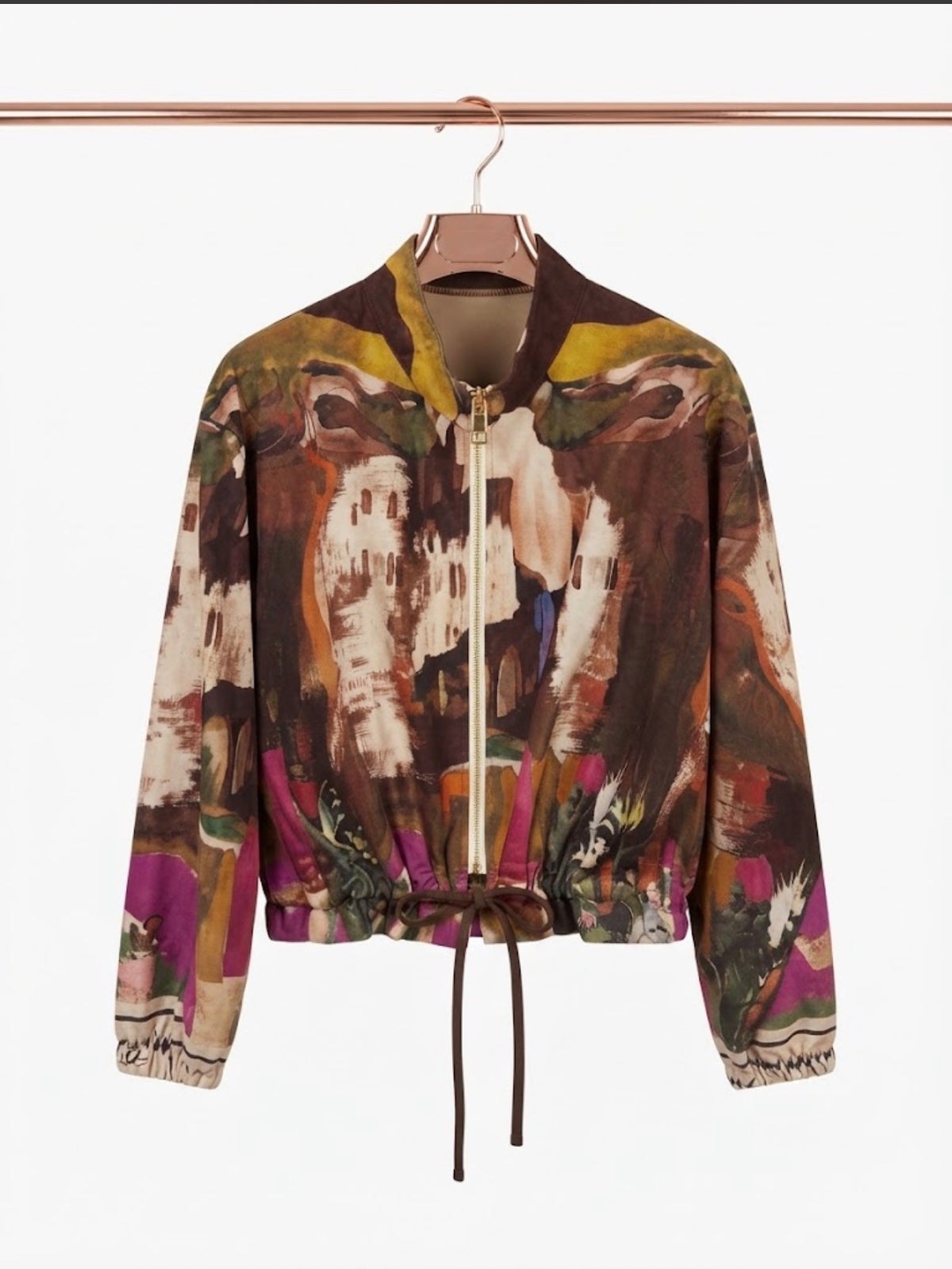 Italian Brushed Suede Feel Bomber Jacket - DARK BROWN-Watercolor Print