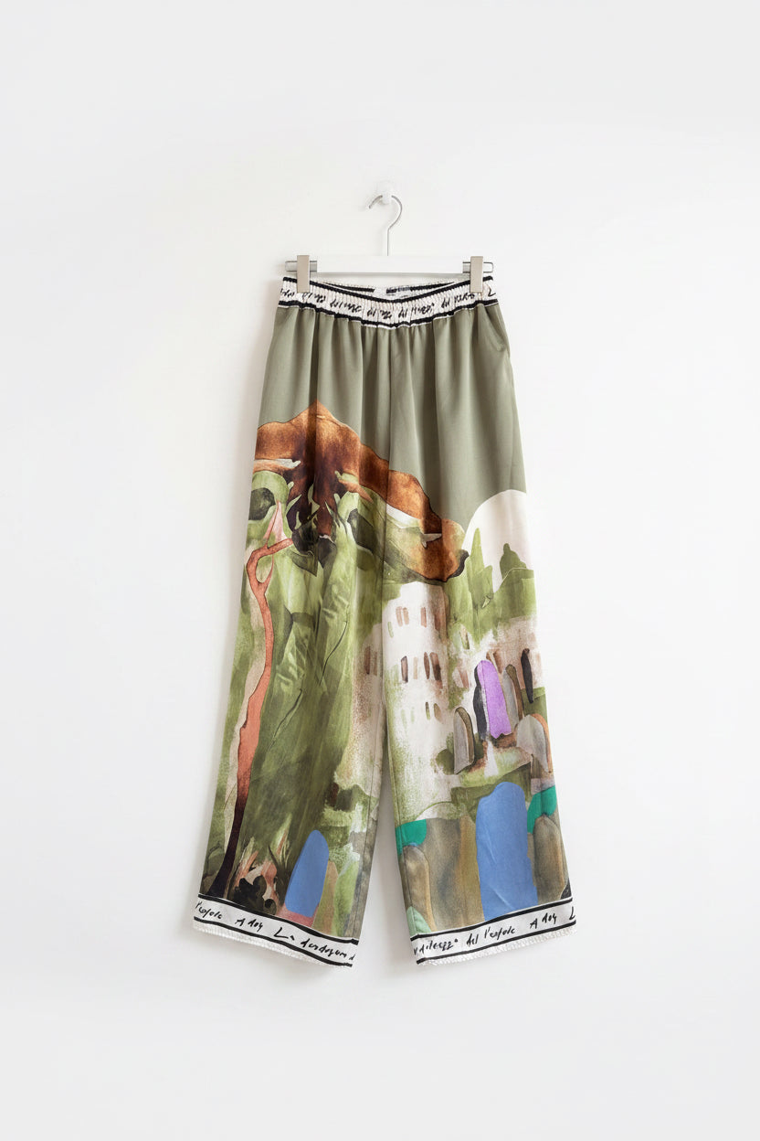 O/S - Italian Watercolour Women’s Pant & Oversized Relaxed Top Set- OLIVE - Viscose/ Polyester blend, Made in Italy