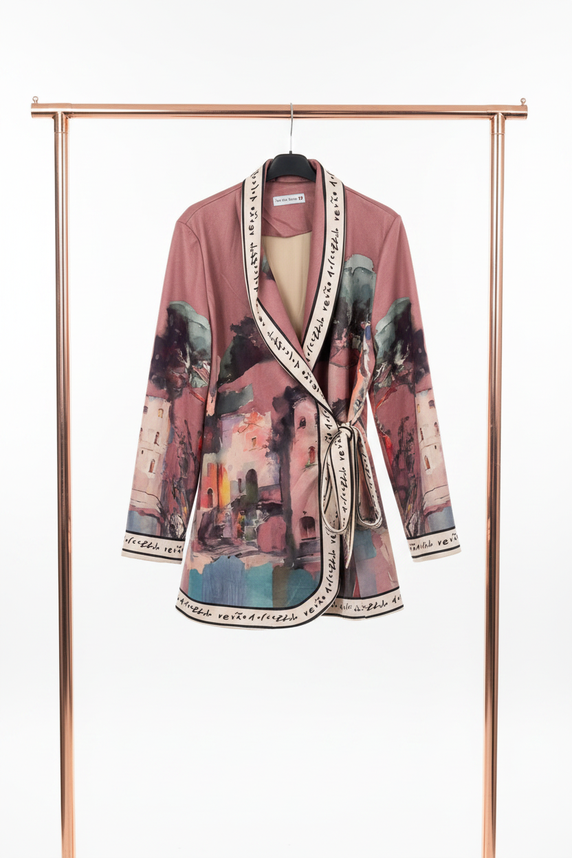 Artistic Italian Landscape Brushed Suede Jacket | Left-Tie Wrap Cardigan | Fall Outerwear - Rose Pink