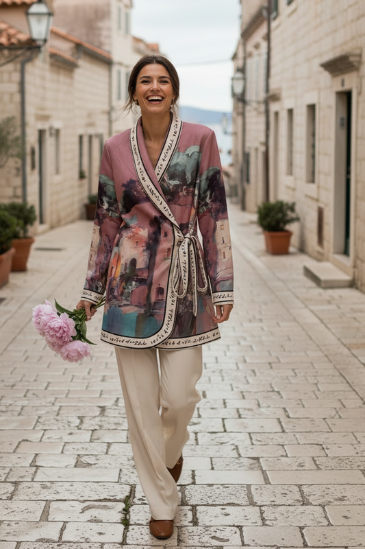Artistic Italian Landscape Brushed Suede Jacket | Left-Tie Wrap Cardigan | Fall Outerwear - Rose Pink