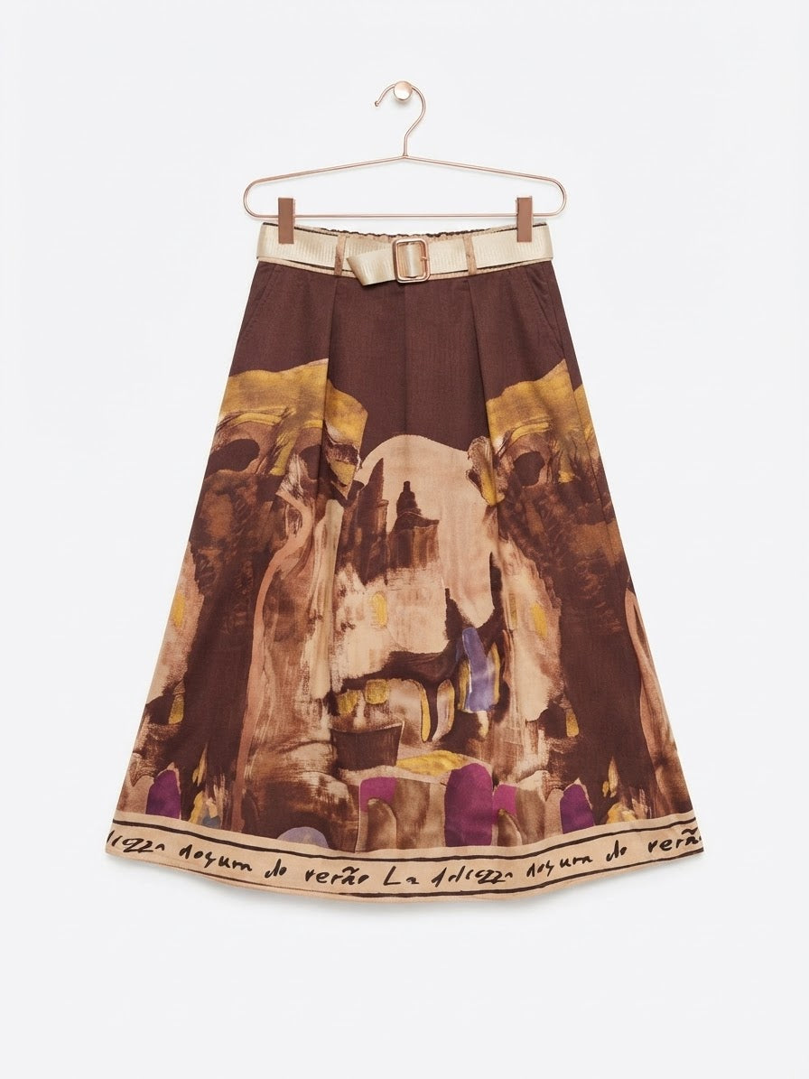 Italian Midi Skirt with Belt & Pockets - DARK BROWN - Watercolor  Print