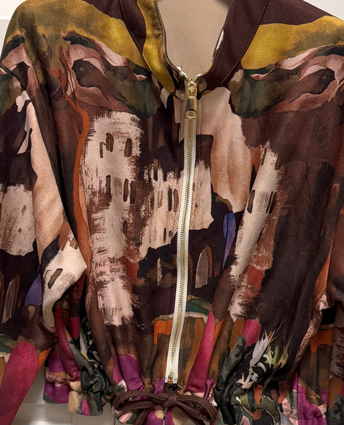 Italian Brushed Suede Feel Bomber Jacket - DARK BROWN-Watercolor Print