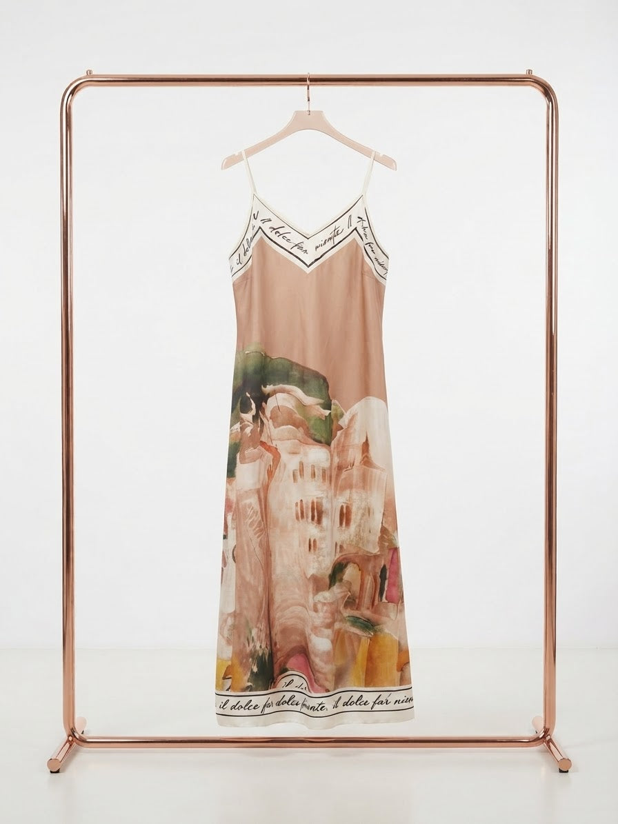 O/S Italian Silk/Viscose Women’s Spaghetti Strap Maxi Dress - GOLDEN – “Il Dolce Far Niente” Made in Italy