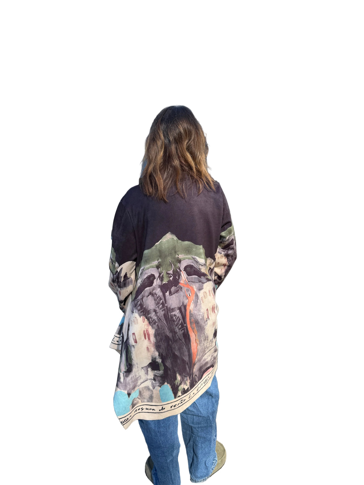Italian Landscape Watercolor Print Relaxed Fit Cardigan - BLACK