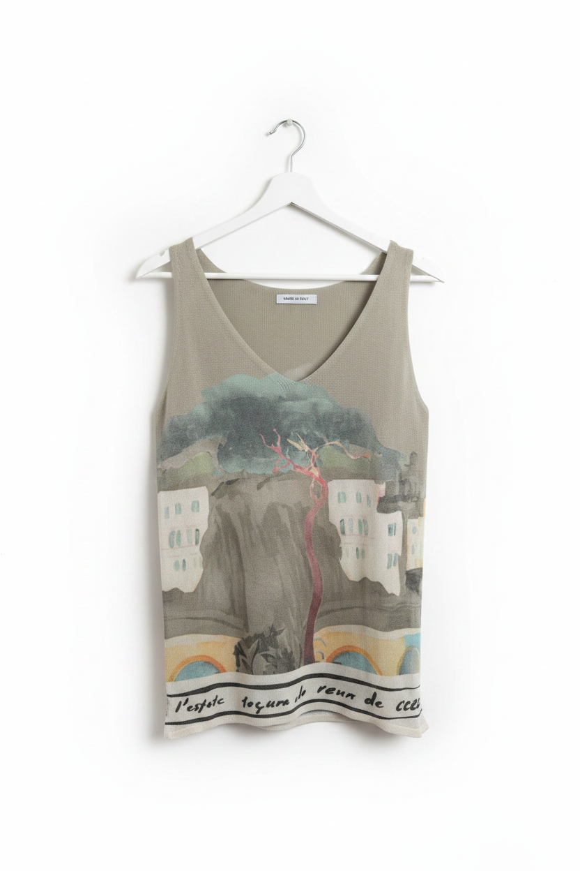 Watercolour Print Knitted Women’s Tank Top - OLIVE GREEN - Soft Viscose blend, Made in Italy, O/S