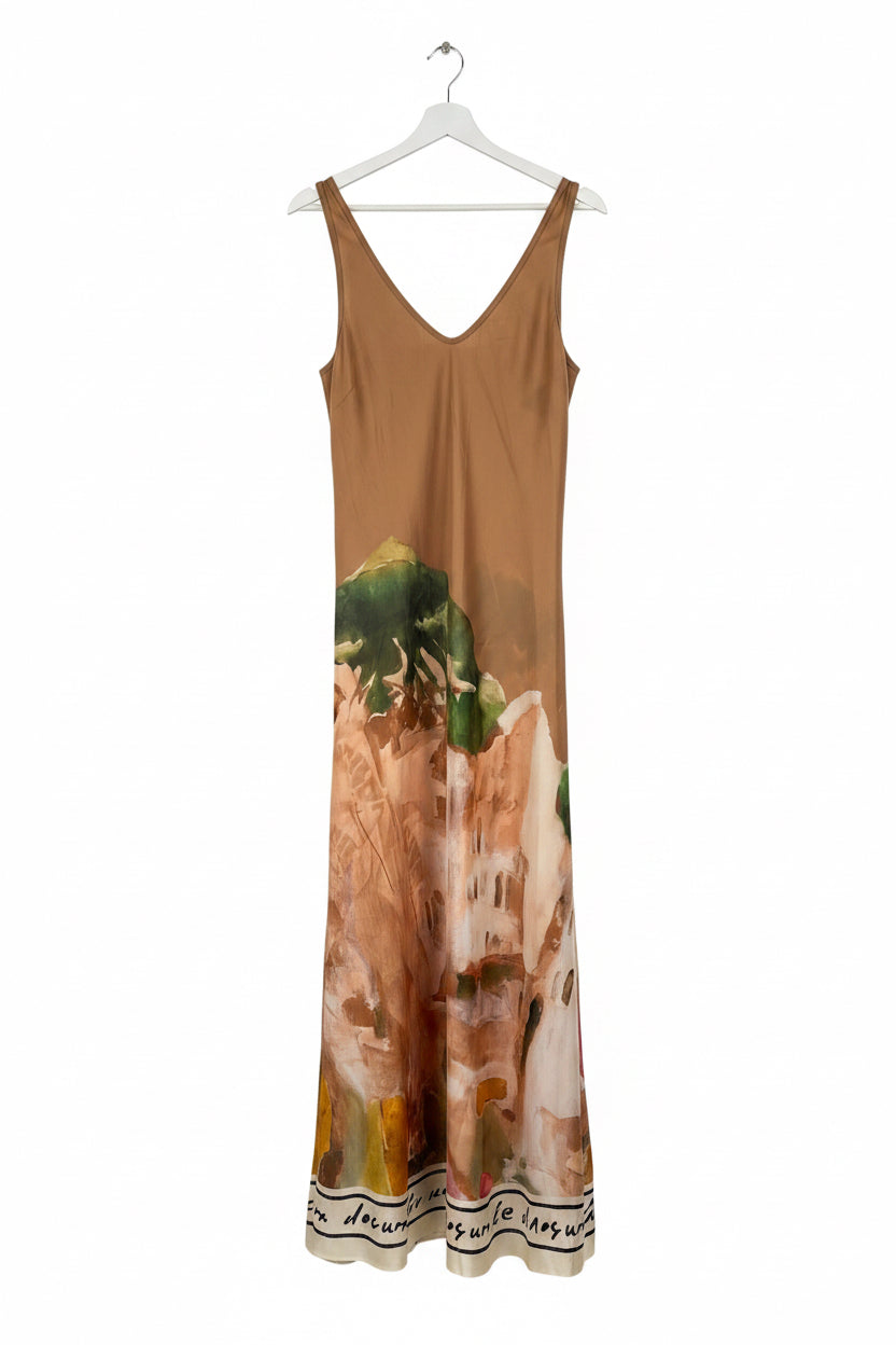 O/S Italian Silk WIDE STRAP V-Maxi Dress -GOLDEN BROWN-Watercolour print, Made in Italy, Viscose/Silk blend