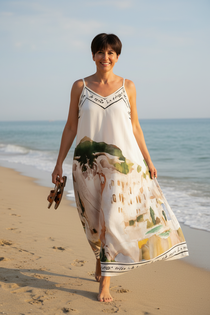 Italian Silk Maxi Dress - WHITE – Watercolour print, Made in Italy, Viscose/Silk blend O/S