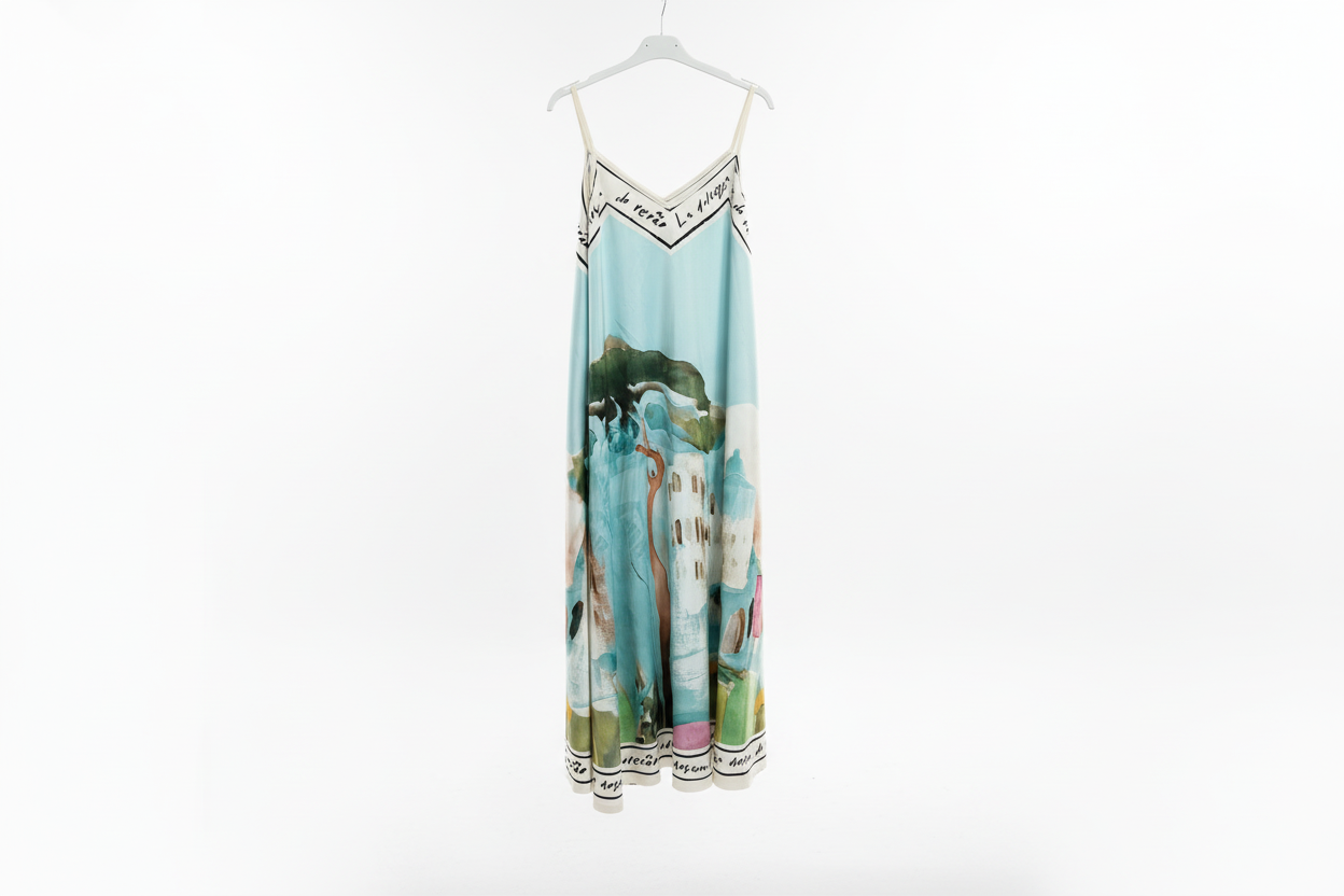 Maxi Dress Turquoise– Silk Viscose Watercolour print, Made in Italy O/S