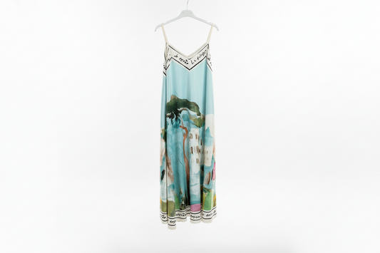 Italian Silk Spaghetti Strap Maxi Dress - TURQUOISE – Watercolor Print - S/M