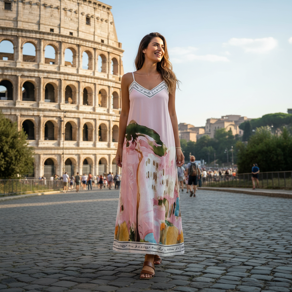 L/XL Italian Watercolour Silk Maxi Dress - Pink