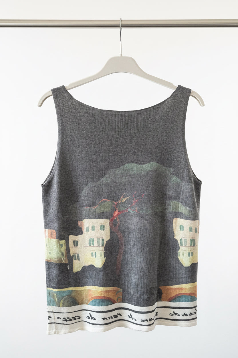 Watercolour Print Knitted Women’s Tank Top - ASHY GRAY - Soft Viscose blend, Made in Italy, O/S