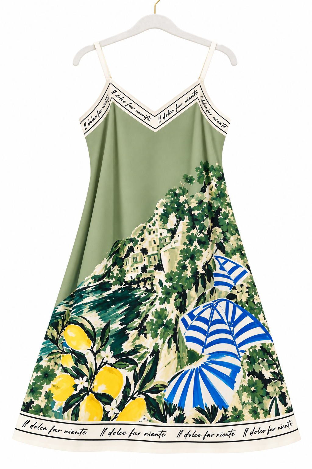 Positano Bloom Italian Silk Mid-Length Dress-Olive Green