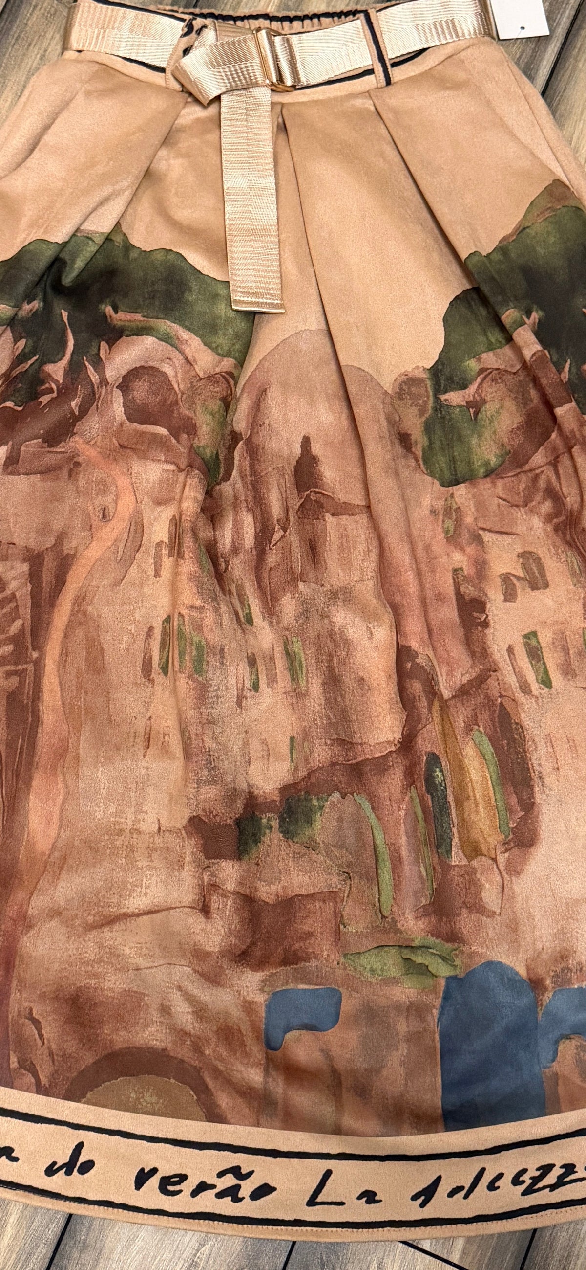 Italian Midi Skirt with Belt & Pockets - BEIGE - Watercolor Print