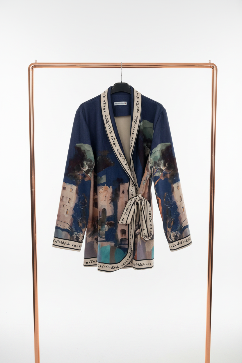 Artistic Italian Landscape Brushed Suede Jacket | Left-Tie Wrap Cardigan | Fall Outerwear -NAVY