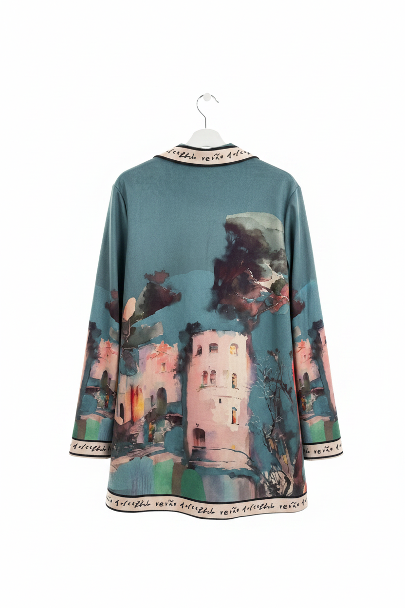Artistic Italian Landscape Brushed Suede Jacket | Left-Tie Wrap Cardigan | Fall Outerwear - Teal