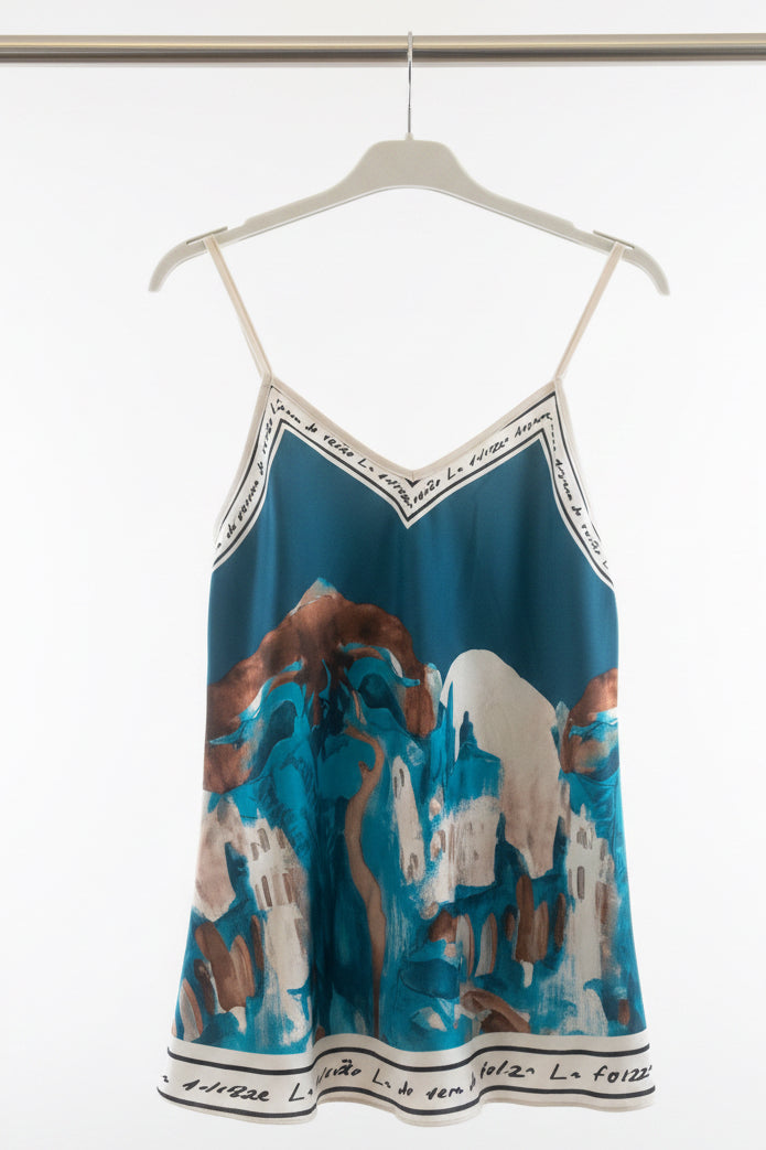 O/S-Italian Watercolour Print Women’s Spaghetti StrapTank Top- TEAL - Viscose/ Polyester blend-Made in Italy
