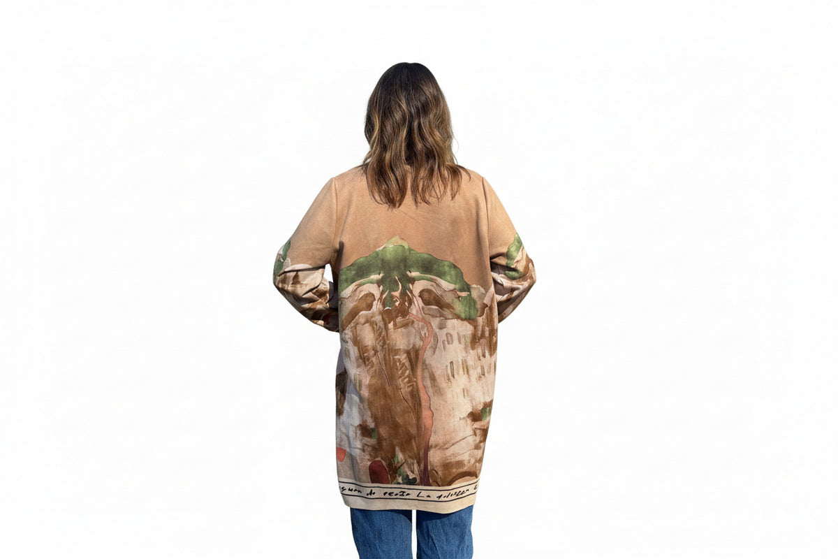 Italian Landscape Watercolor Print Relaxed Fit Cardigan - GOLDEN BEIGE