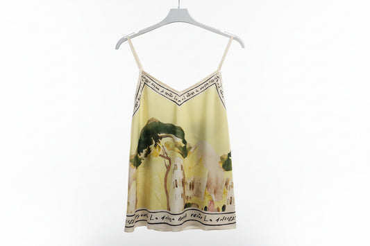 Short Italian Watercolour Print Silk Tank - Butter Yellow