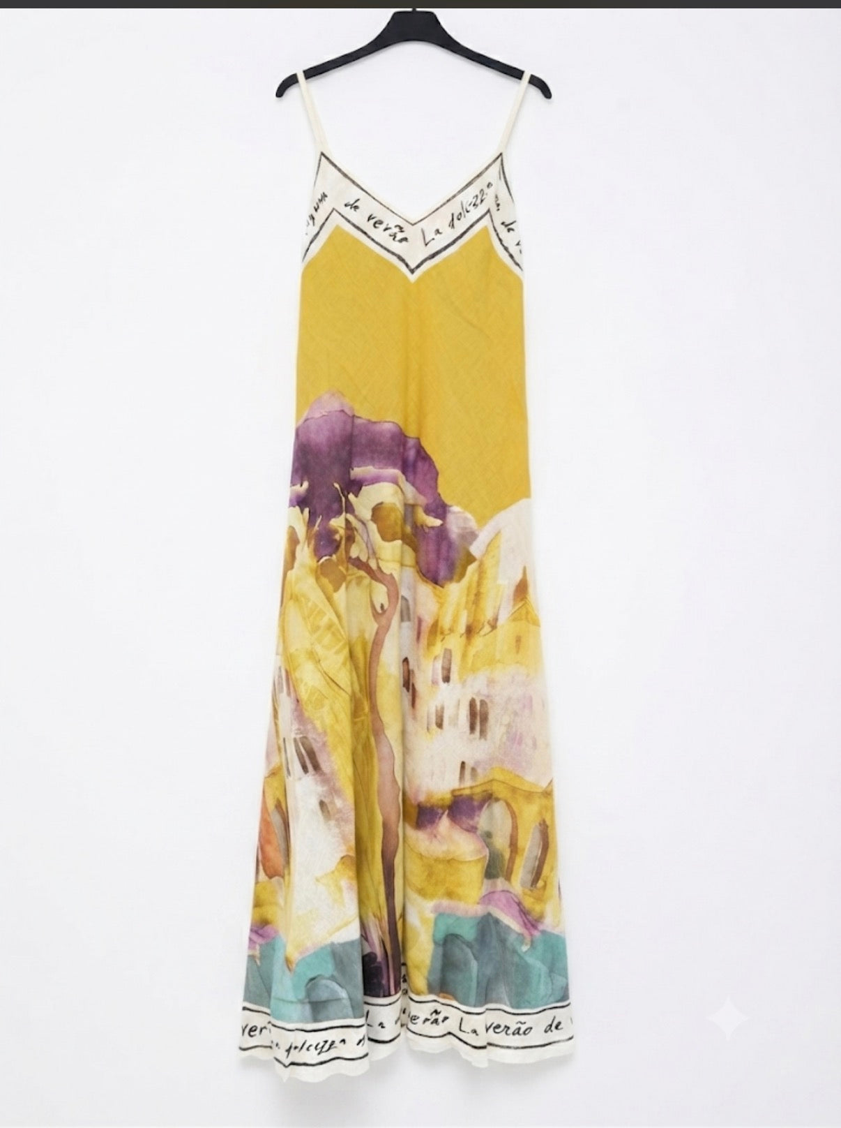 LINEN Maxi Dress-Mustard yellow with purple