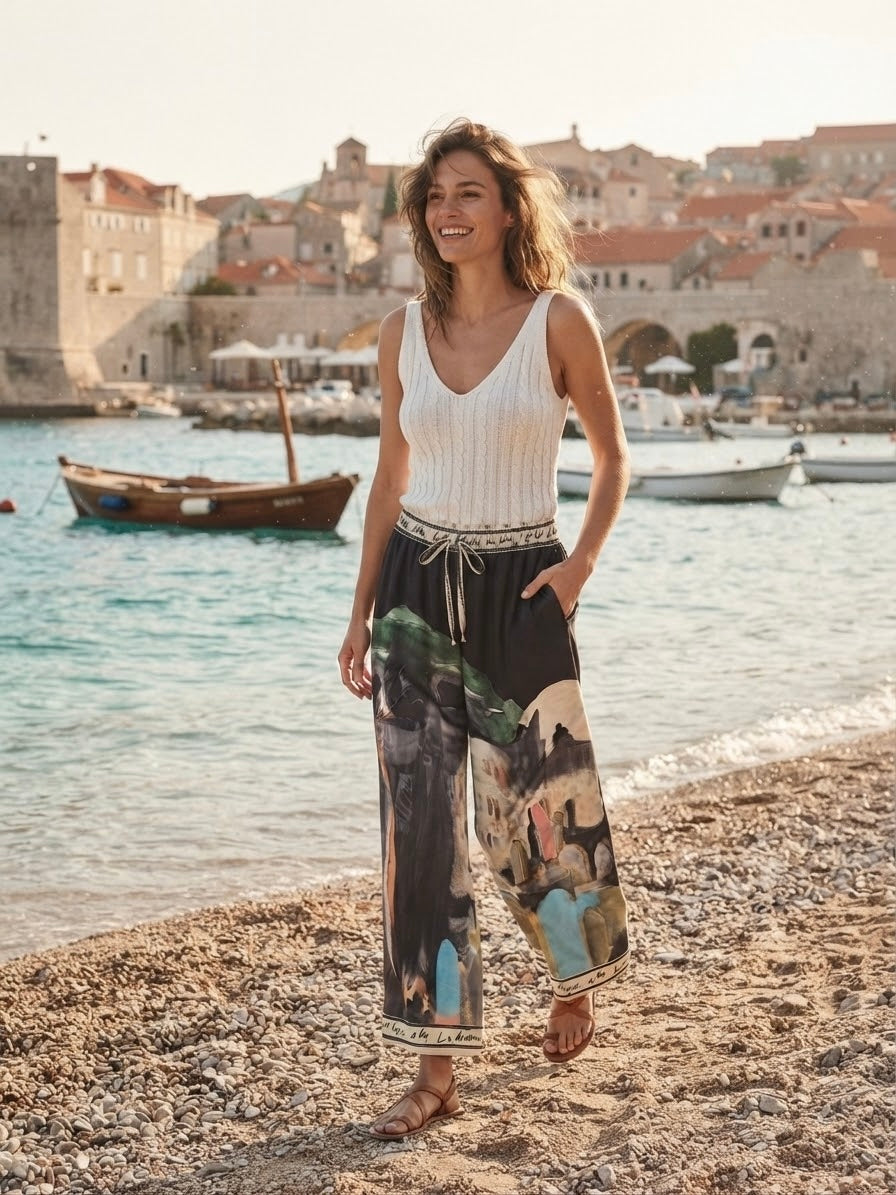 Amalfi Coast Watercolor Wide-Leg Pocket Pants, Viscose/ Polyester blend-  BLACK- Made in Italy, O/S