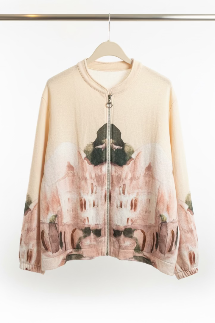 Soft Italian  Zip-Up Jacket - CREAM - Watercolor Print
