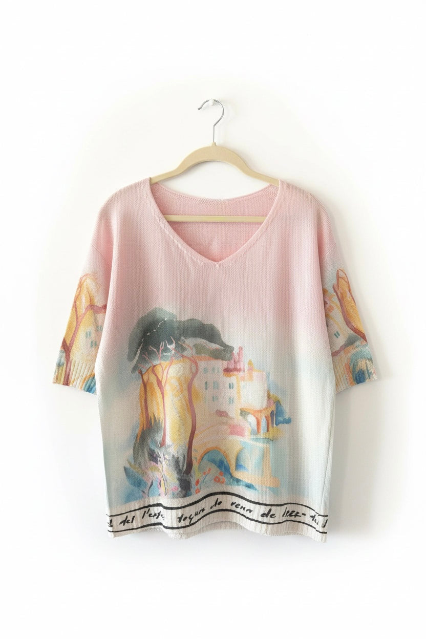 Watercolor Italian Knitted Short Sleeve  Women’s Top-PINK- Viscose blend, Made in Italy,  O/S