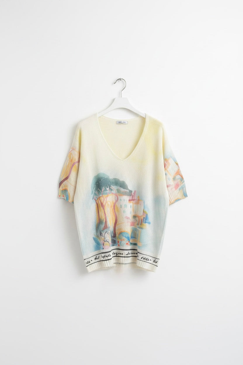 Watercolor Italian Knitted Short Sleeve  Top-YELLOW ,O/S