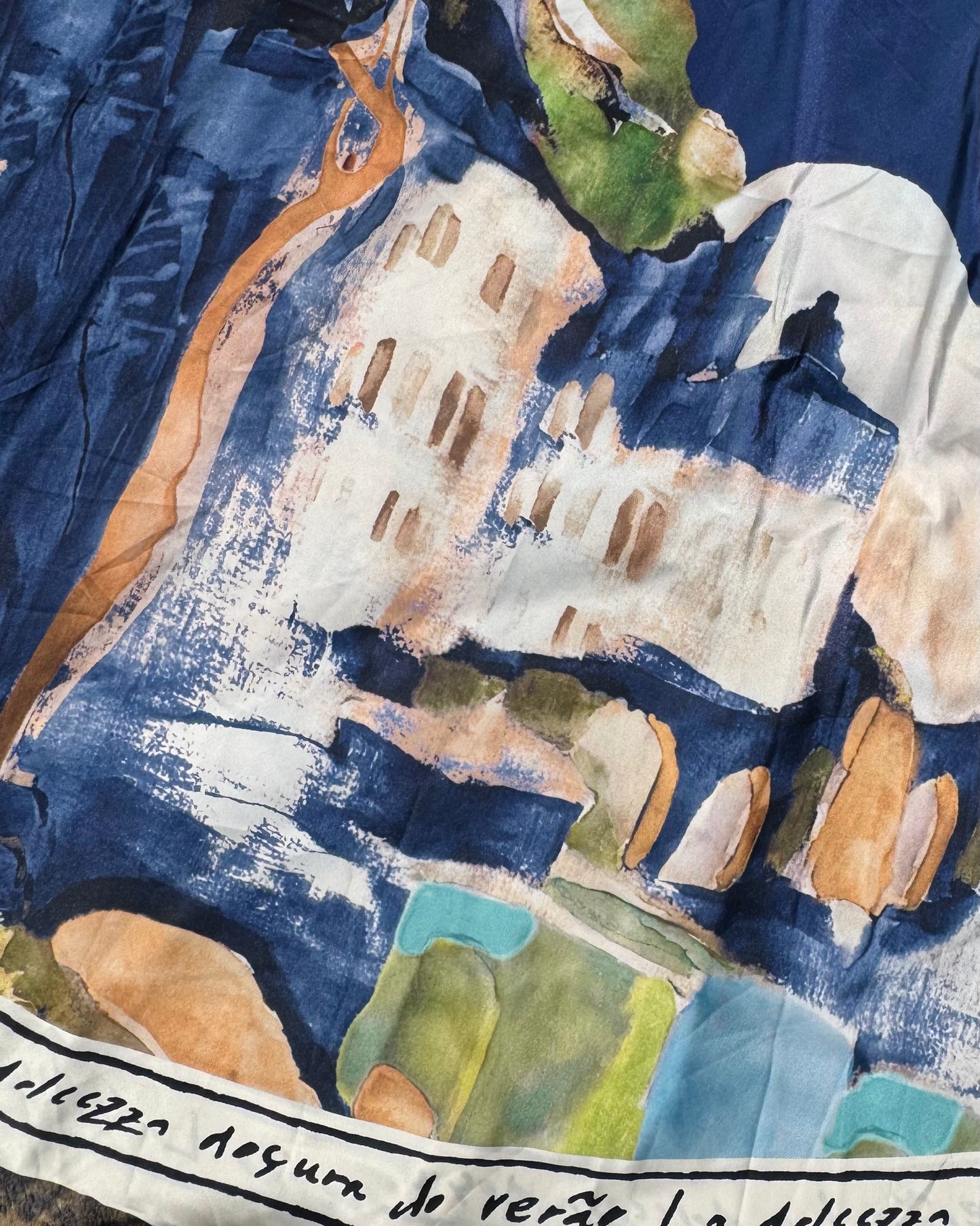 O/S Italian Silk WIDE STRAP V-Maxi Dress -NAVY-Watercolour print, Made in Italy, Viscose/Silk blend