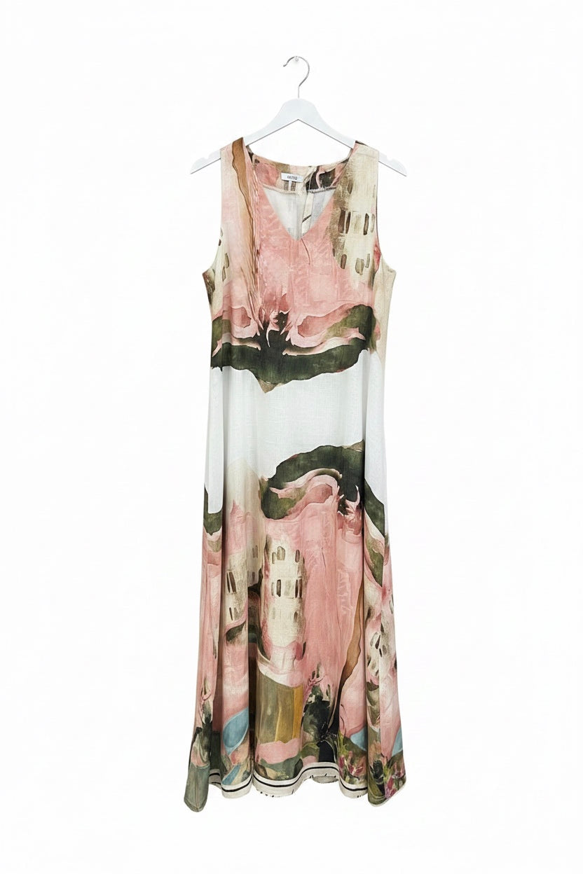 LINEN Italian tie up dress with pockets, Made in Italy, O/S Pink and White